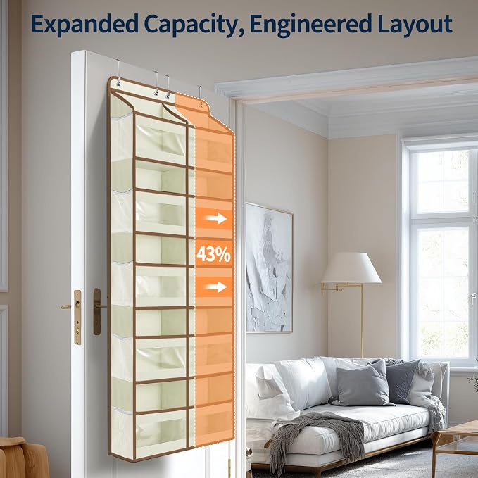 Yecaye 5-Tier Over The Door Organizer Dual-Column, 80lbs Load Over the Door Storage of 10 Compartments, Heavy Duty Extra Large Door Organizer Hanging for Bedroom Dorm Bathroom Pantry, Beige, 1 Pack - Image 3