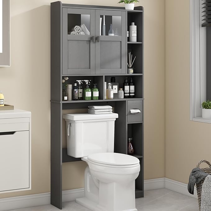 Vabches Over The Toilet Storage Cabinet with Doors and Shelf, Natural Grey by Vabches