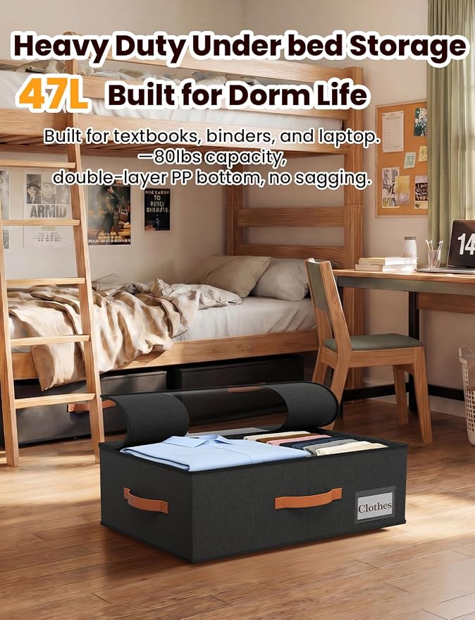 TOSKING 2-Pack Under Bed Storage Bins with Wheels, 4 Vacuum Bags, Heavy Duty 80 lbs, 7.9" Height, 47L Clear Lid Organizer, Space Saver for Dorm Bedroom Clothes Shoes Toys, Quick Assembly, Black - Image 3