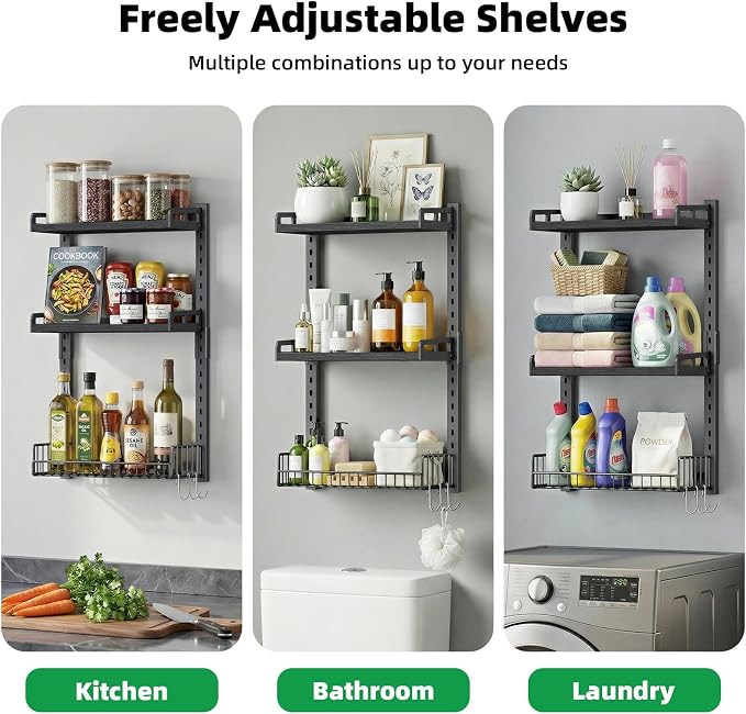 Kalrin 3 Tier Bathroom Shelves Over Toilet - Wall Mounted Floating Shelves with Drain Basket, Toilet Paper Storage, Height Adjustable Over The Toilet Storage, Pure Black - Image 7