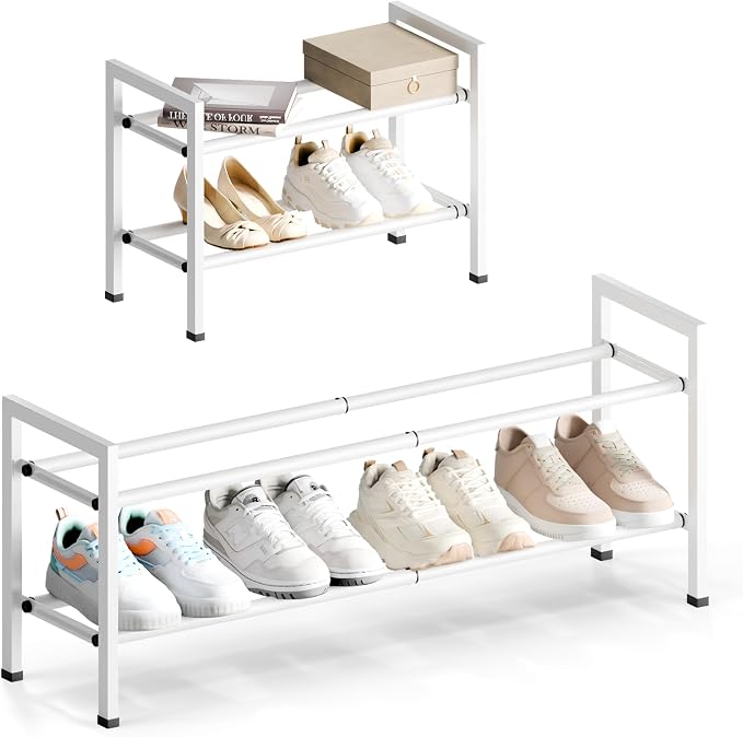 Bumusty 2 Tier Expandable Shoe Rack for Closet, White | 18"-33" Adjustable Shoe Rack for Entryway, Small Shoe Organizer for Dorm, Front Door, Sturdy Metal by BUMUSTY
