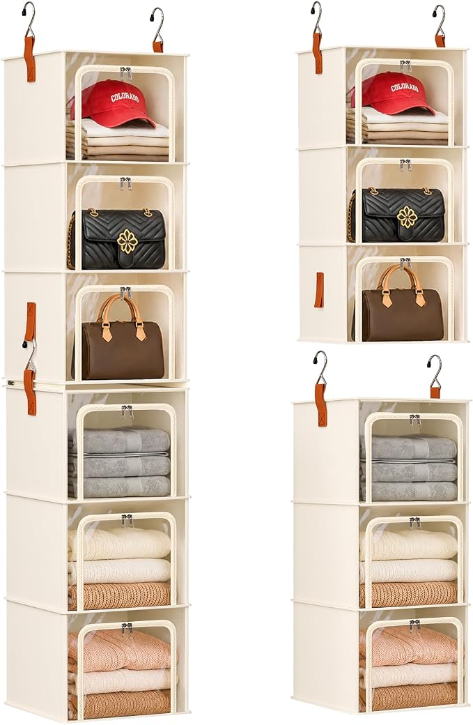 Homsorout 6-Tier Modular Hanging Closet Organizer Shelves, Beige | 3+3 Modular Design, Clear Window, Front Opening, Fabric Vertical Storage, Closet Storage for Home, Apartment, Nursery, RV by Homsorout