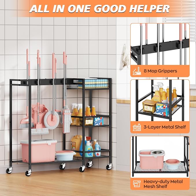 Broom and Mop Holder, MUNNAR Broom Closet Storage Cabinet with Cleaning Supplies Organizer, 2-in-1 Broom Mop and Cleaning Supplies Storage Cleaning Cart, Cleaning Cart with Wheels for Housekeeping - Image 4