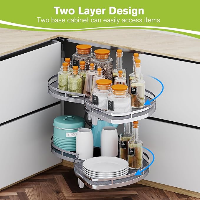Blind Corner Cabinet Pull Out Organizer, Soft Close Swing Right Pull Out Cabinet Organizer 30inch, Corner Cabinet Lazy Susan for Blind Shelf, 2 Tiers Tray, Adjustable Height - Image 3