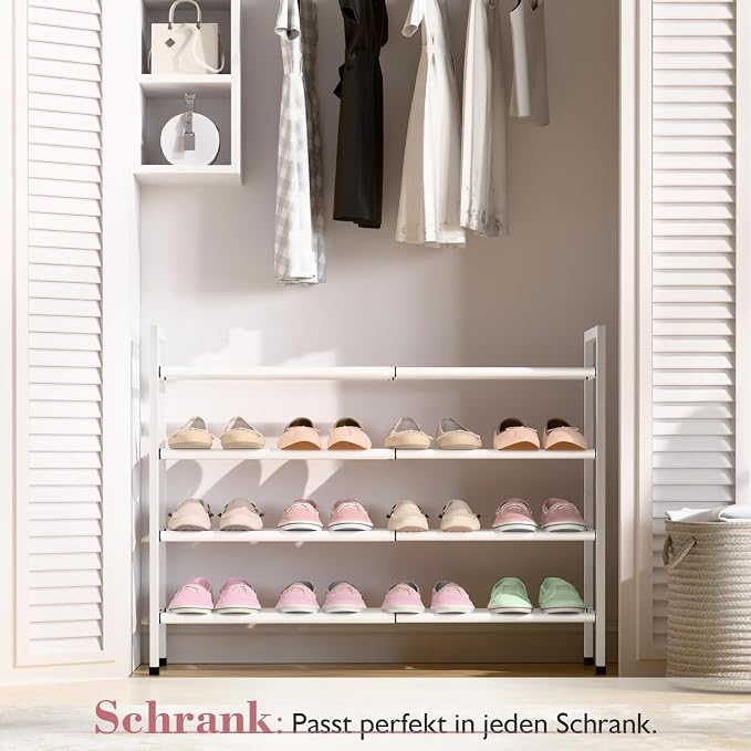 Bumusty 4 Tier Expandable Shoe Rack for Closet, White | 18"-33" Adjustable Shoe Rack for Entryway, Small Shoe Organizer for Dorm, Front Door, Sturdy Metal - Image 2