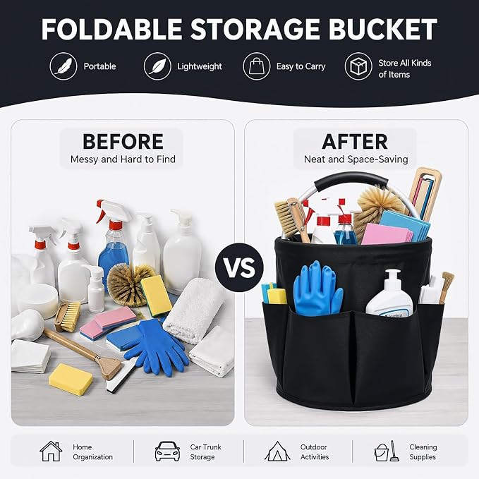 Cleaning Caddy with Handle, 17L Foldable Storage Basket, Heavy Duty 600D Oxford Cloth Organizer, Portable Supply Bag, Multi-Purpose Supplies Caddy for Home, Bathroom, Kitchen, Garden - Black - Image 3