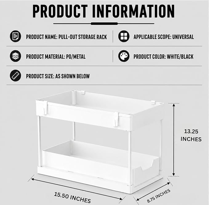Under Sink Organizer, 2 Tier Pull-Out Storage Organizer with Sliding Drawer & Hooks, Multi-Purpose Cabinet Organizer for Kitchen, Bathroom, Pantry, Laundry Room & Office, White - Image 3