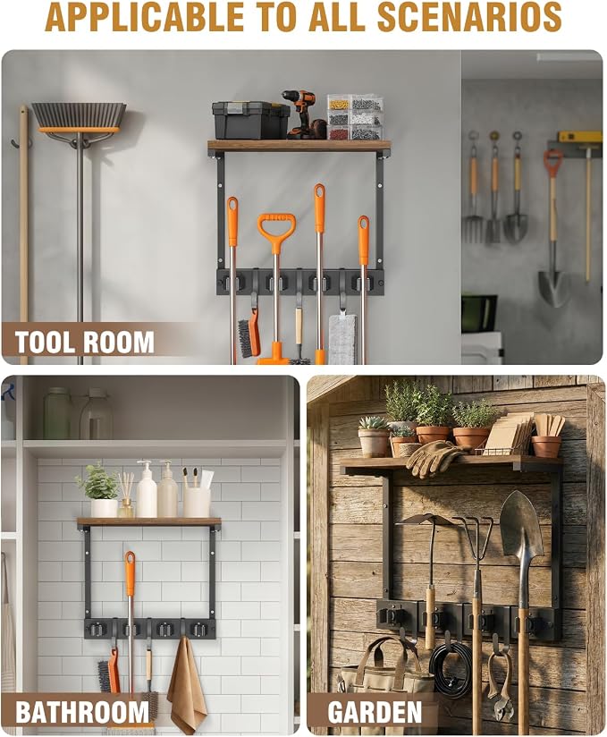 Supforce Small Broom Holder Wall Mount with Shelf, 4 Slots 3 Hooks - Image 6