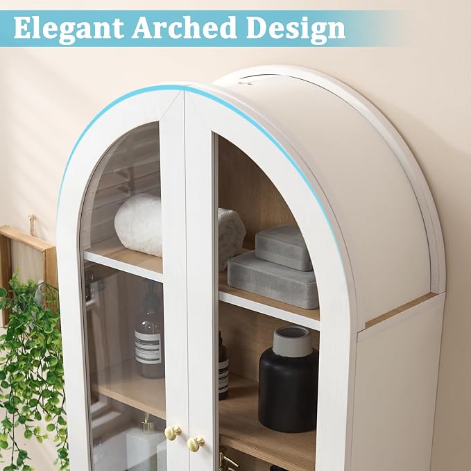 Bathroom Arched Wall Cabinet Over The Toilet Storage Cabinet, 23.5×31.4 Inch bathroom cabinet wall mount with Glass Doors & Adjustable Shelves, Wood Cabinet for Laundry Room, Kitchen, White/Natural - Image 3
