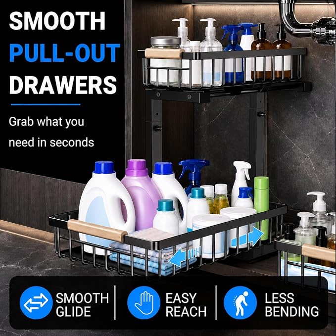 Under Sink Organizer 2 Pack, Double Slide Out Metal Shelf, Black - Image 6