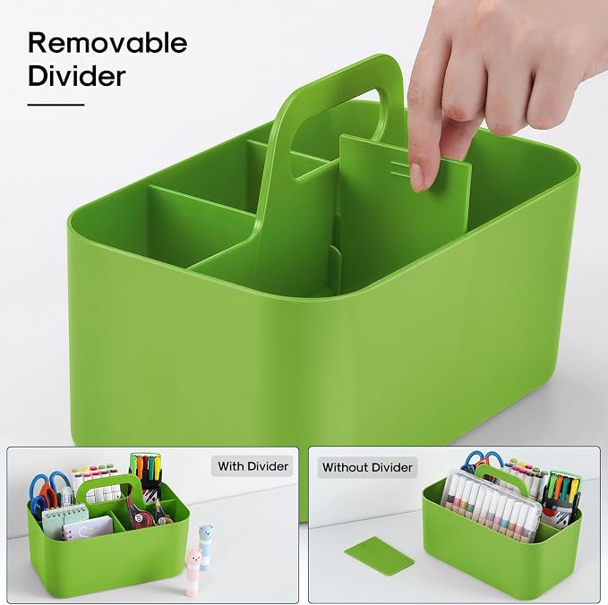 Multiuse Caddy Organizer with Handle, Portable Divided Plastic Tote Bin - Art Craft, Stationary Pen Marker Crayons, Makeup Hair Supplies Storage - Bathroom, Classroom, Dorm, Office, Desk Holder -Green - Image 6
