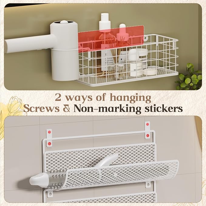 Wall-Mounted Hair Dryer Holder Styling Tool Organizer 4-Shelf Storage Wire Basket with Hook Heat Safe Rack for Hair-Straighteners,Curling Wands,Flat Iron,Cabinet Door Bathroom Kitchen White - Image 3