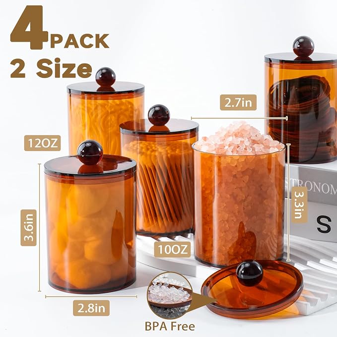 4 Pcs Acrylic Qtip Holder, Cotton Ball Holder Jars with Lids, Brown - Image 2
