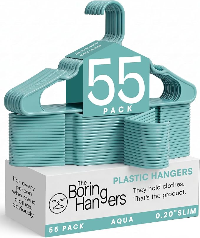 Aqua Plastic Hangers 55 Pack - 10 lb Heavy Duty Clothes Hangers for Closet, Coastal 0.20" Slim & Space Saving Plastic Coat Hanger for Closet Shirts, Coats, Skirt, Dress by TheBoringHangers