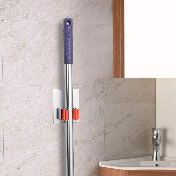 Broom Holder Wall Mount, 2 Pack Orange Stainless Steel Mop and Broom Organizer, Heavy Duty 15 Lbs Self Adhesive Tool Hanger, No Drill V-Shape Broom Hooks for Garage, Kitchen, Bathroom - Image 2