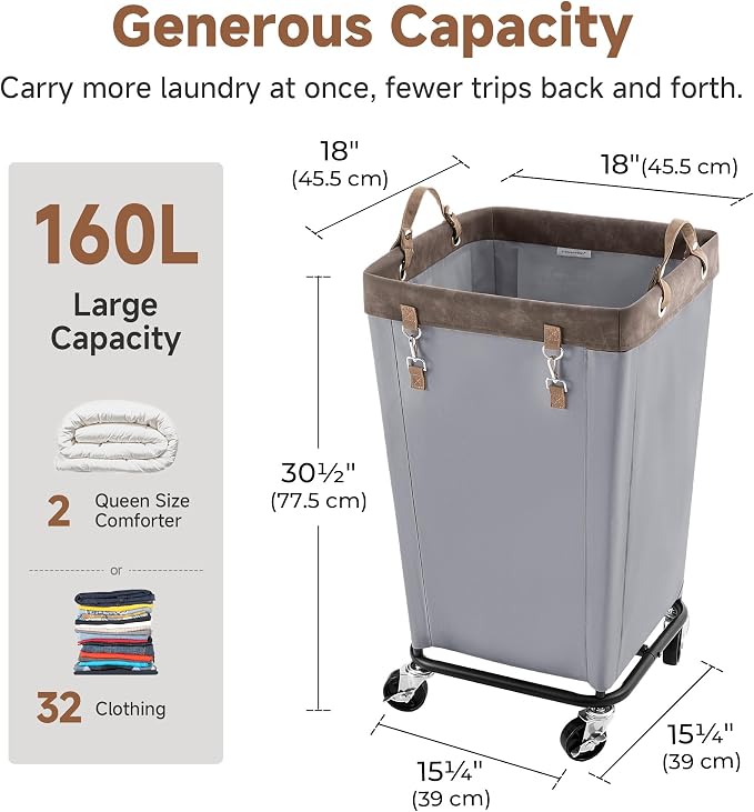 StorageWorks 160L Laundry Basket with Wheels, Rolling Hampers for Clothing - Image 3