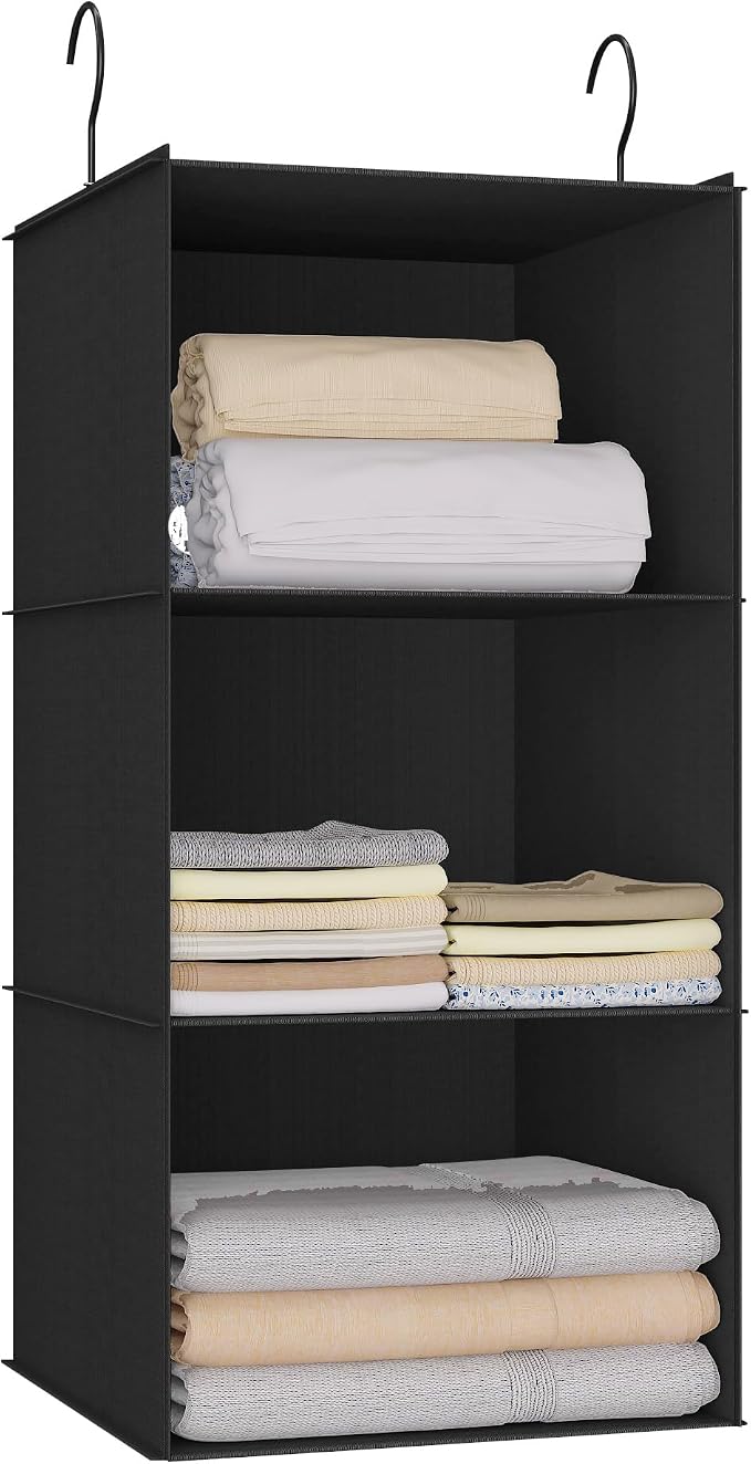Hanging Closet Organizer 3-Shelf, Oxford Fabric Wardrobe Storage, Black | Easy-mount foldable design holds clothes, handbags, shoes & accessories; washable Oxford fabric, sturdy and space-saving. by DonYeco