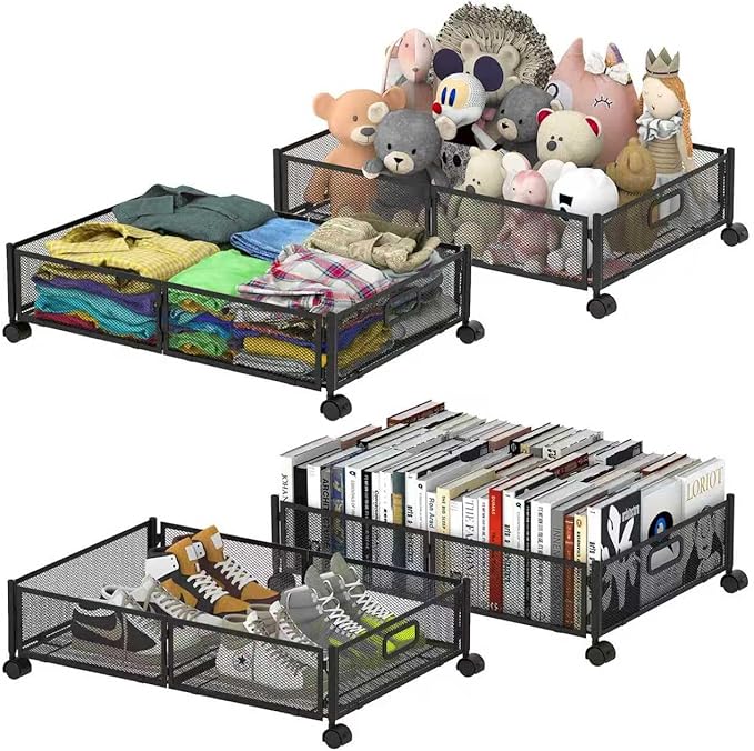 Under Bed Storage Containers,4 Pack Foldable Underbed Storage Containers with Handles and Wheels,Folding Bed Shoes Clothes Organizer,Easy Assembly Underbed Storage for Toy,Bedding,Bedroom(Black) by Joibabe
