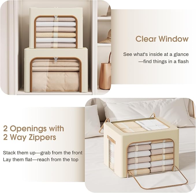 Yecaye 3-Pack 66L Clothes Storage Bins, Storage Bags for Clothes, Beige - Image 5