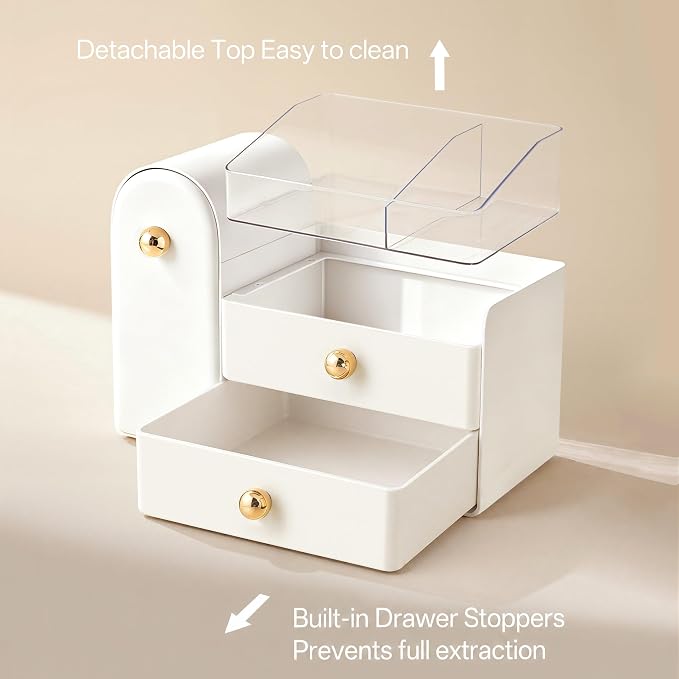 HBlife Makeup Organizer Countertop with Drawers, Vanity Organizers with Brush Holder, Bathroom Counter Organizer for Perfume, Nail Polishes, Lipsticks, Skincare and Eyeshadow Palettes, White and Gold - Image 5