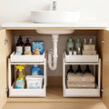Bamboo Under Sink Storage 2 Tier Pull Out Cabinet Organizer Slide Out Under Sink Storage Shelf Undersink Organizers Shelves for Kitchen Bathroom Organization (White, 2 Pack) by Unknown