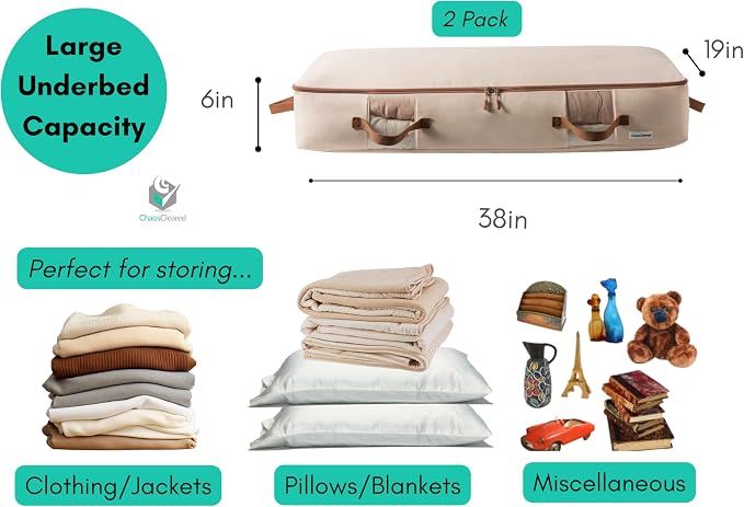 Chaos Cleared Canvas Storage Bags Designer Organizer for Underbed 2 Pack – Seasonal Storage for Sweaters, Blankets, Linens & Garments – Foldable Design with Zip & Window, Moth-Proof Space Saver - Image 2