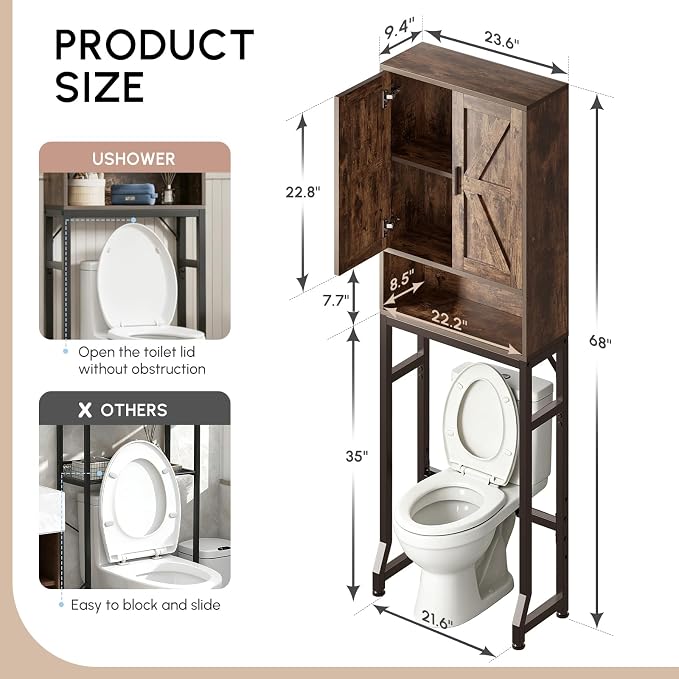 USHOWER Brown Over The Toilet Storage Cabinet with Barn Doors - Image 2