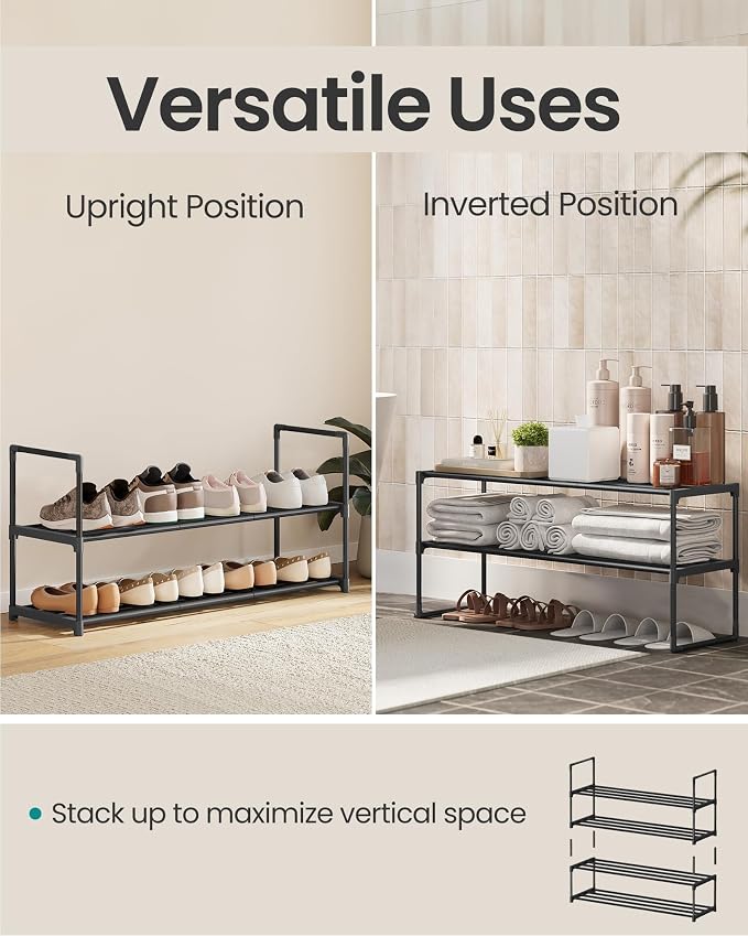 SONGMICS Shoe Rack, 2-Tier Shoe Organizer, Metal Storage Shelf | for Entryway, Upright or Upside Down, for 12-15 Pairs, Stackable, 11.8 x 36.2 x 14 Inches, Black ULSA12BK - Image 4
