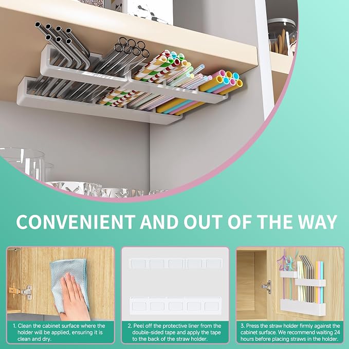 Acrylic Straw Organizer for Cabinet Door - 9.5'' Large White Adjustable 3-Part Reusable Drinking Straw Holder Dispenser Kitchen Accessories Container Cupboard Door Mounted - Image 9