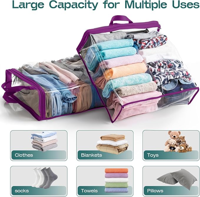 5PACK Clear Zippered Storage Bags for Clothes, 22L Closet Organizers Bag, and Blanket Storage Bags for Bedding, Linen, Blankets, Comforters, Clothing & Toys (Purple) - Image 2