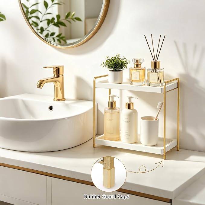 Mkono Bathroom Counter Organizer, 2 Tier Countertop Bathroom Decor Wood Storage Sink Shelf for Vanity Kitchen Coffee Station Home Office, Makeup Tray for Cosmetic Skincare Perfume, Gold and White - Image 2