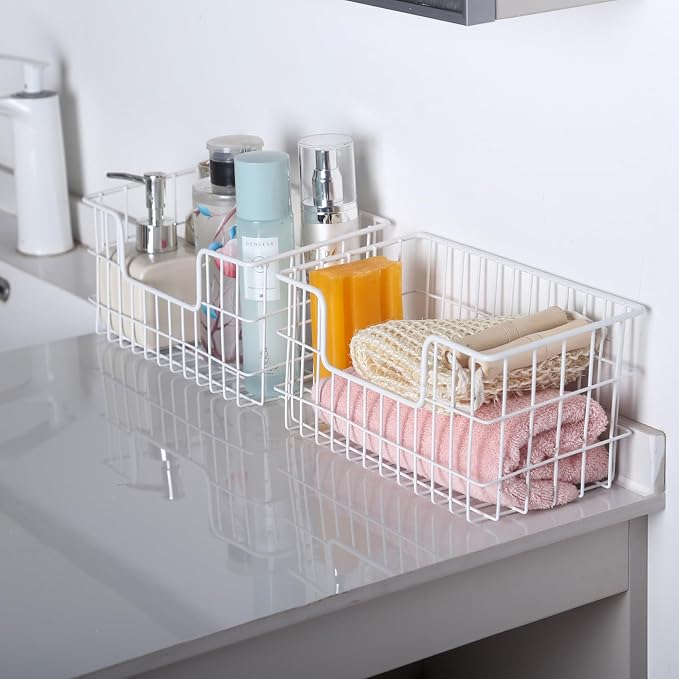 JUNCHU CHERRY Wire Storage Basket 2 Packs, Wall Mounted Kitchen Bathroom, Hanging Cabinet Door Storage Basket, no Drilling, Supporting 2 Types of Hooks, Strong Bearing, Suitable for Home, White - Image 4