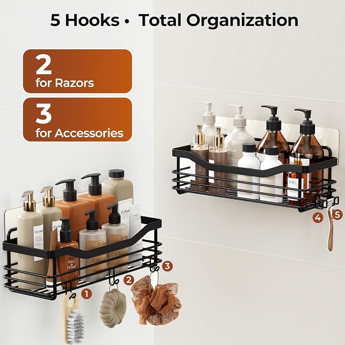 Orimade Adhesive Shower Caddy Shelf with 5 Hooks Organizer Storage Rack Rust Resistant Wall Mounted Stainless Steel No Drilling for Bathroom, Toilet, Kitchen - 2 Pack,Black - Image 7