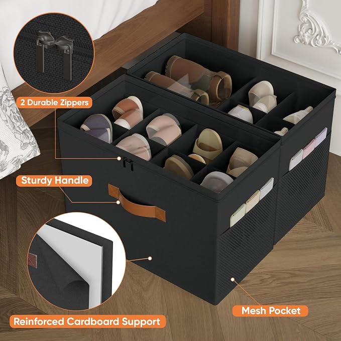 Shoe Organizer for Closet, 2-Pack Foldable Shoe Storage Box with Adjustable Dividers & Clear Cover, Fits 16 Pairs, Black, Durable and Space-Saving - Image 5