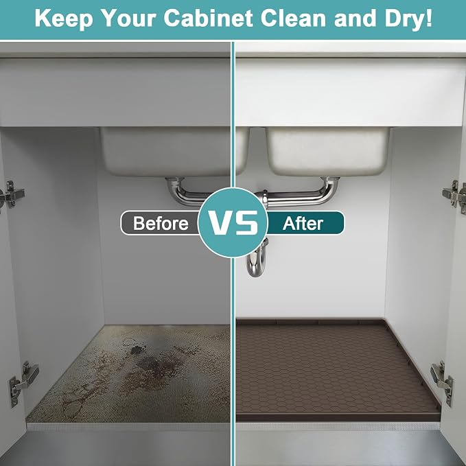 Under Sink Tray for Kitchen Waterproof, Silicone Under Kitchen Sink Mats and Protectors for 34" x 22" Cabinets, Under Sink Tray Organizer, Shelf Liner Cabinet Liner for Bathroom, Brown - Image 6