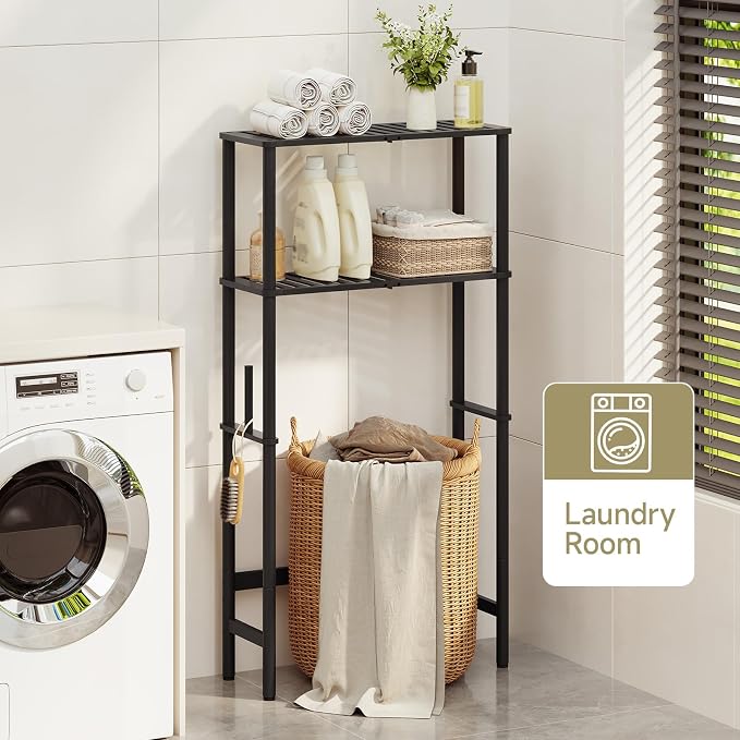 Over The Toilet Storage,2-Tier Bamboo Bathroom Shelf with Paper Holder - Image 8