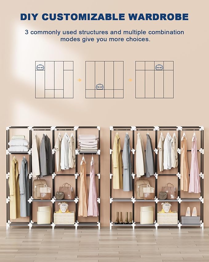 Mavivegue Portable Closet Wardrobe, Clothes Organizer with 4 Hanging Rods, Non-Woven Fabric Cover, Large Capacity Storage for Bedroom and Living Room,Gray - Image 7