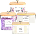 4 Pack Laundry Room Organization Storage Containers, Plastic Clear Laundry Pods Container & Dryer Sheet Holder Jars with Lids, Scoops & Labels for Detergent, Powder, Dryer Balls, Beads by Unknown
