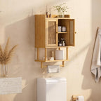 AmazerBath Bathroom Wall Cabinets, Bamboo Medicine Cabinet with Rattan Door, Over The Toilet Storage Cabinet with Towel Bar, Wall Mounted Cabinet with Adjustable Shelves for Small Spaces - Image 7