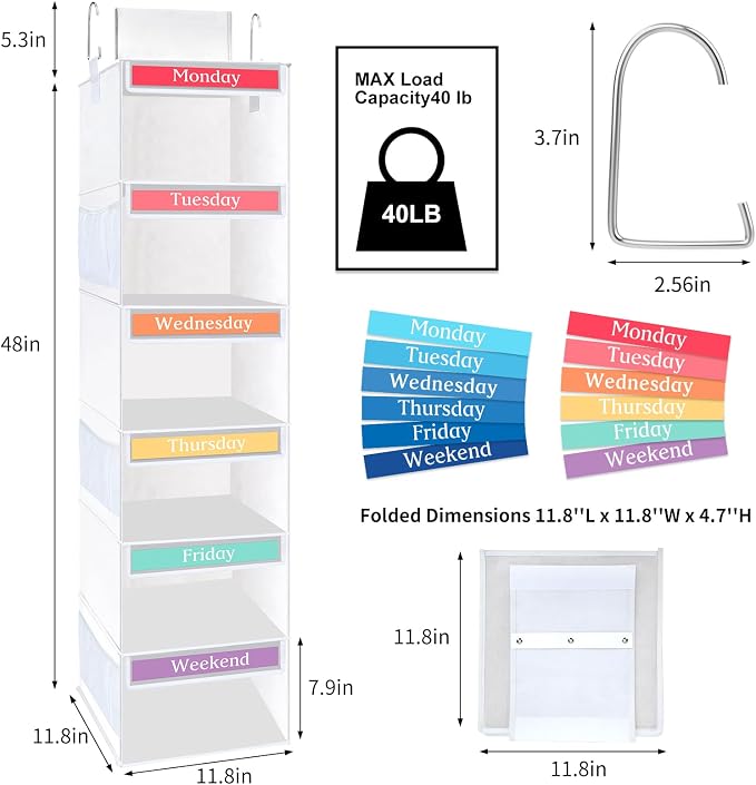 Fixwal Weekly Kids Clothes Organizer 6-Shelf Hanging Closet Storage White | Nonwoven Fabric, 6 Daily Shelves, 6 Mesh Side Pockets, 2 Metal Hooks, Foldable Design, for Kids Outfits and Accessories - Image 3