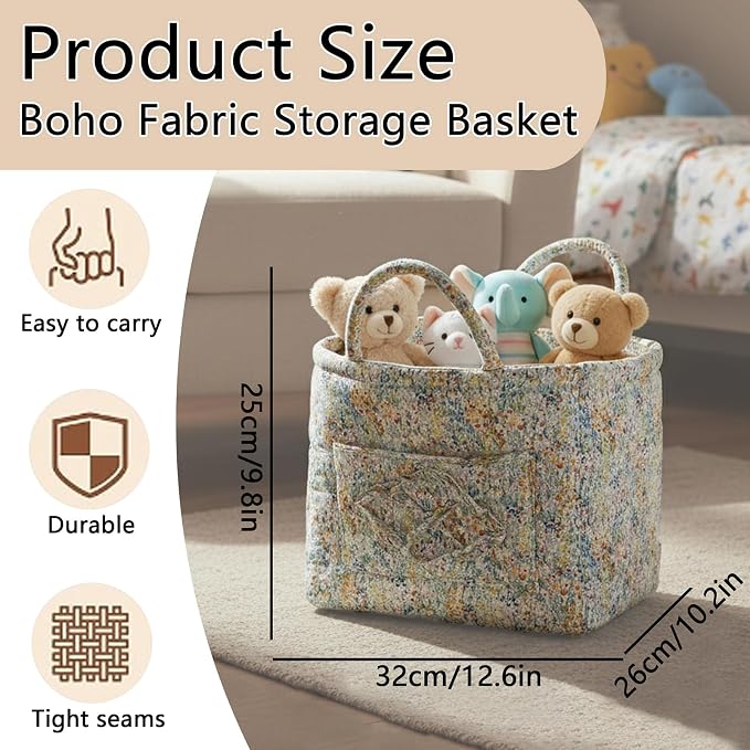 Quilted Fabric Storage Basket with Handles & Pocket, Foldable Laundry Hamper Boho Floral Print Organizer Bin for Home, Picnic, Office 12"x10"x10" (A-3) - Image 6