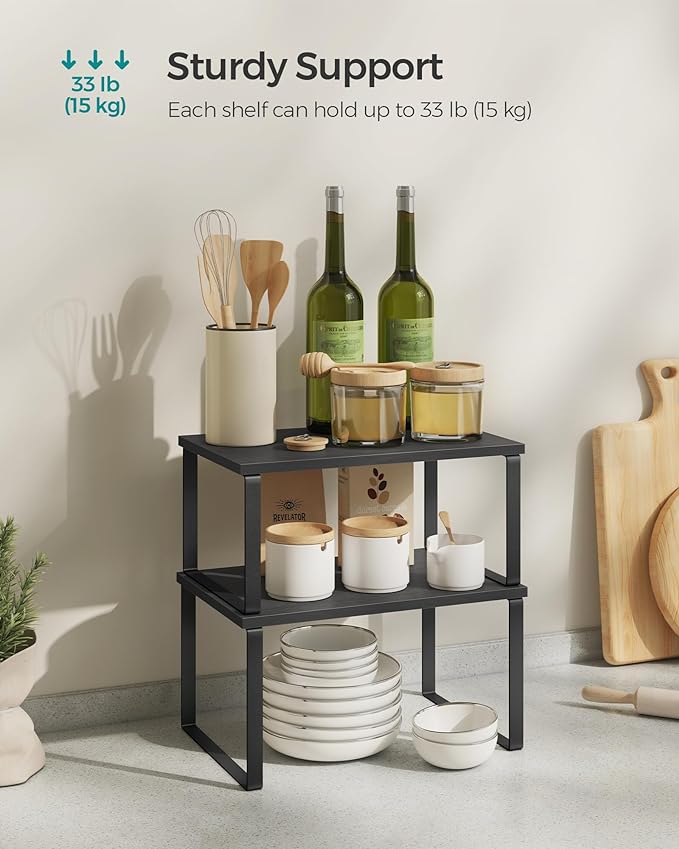 SONGMICS Cabinet Organizer Shelf, Set of 2 Kitchen Counter Shelves, Kitchen Storage, Spice Rack, Stackable, Expandable, Metal and Engineered Wood, Ink Black and Charcoal Black UKCS02B01 (Pack of 2) - Image 4