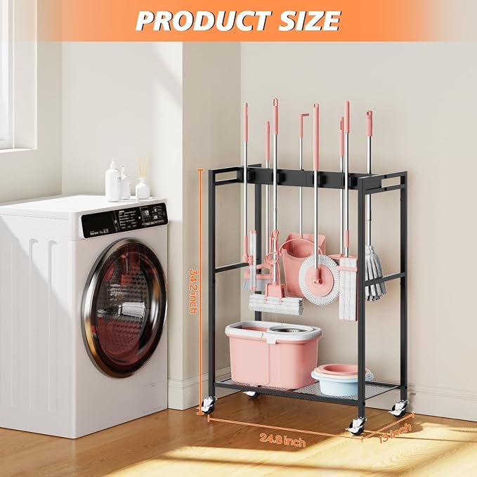 Broom and Mop Holder, MUNNAR Broom Closet Storage Cabinet, Cleaning Cart with Broom and Mop Hanger, Janitorial Cart with Wheels for Household, Laundry Room Organization - Image 2