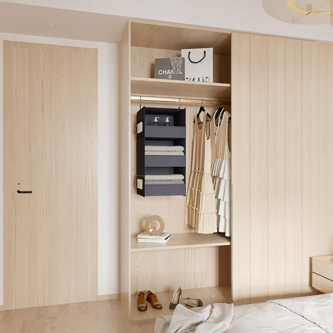3-Shelf Hanging Closet Organizer, Washable Foldable Storage, Dark Gray | Front lip keeps items secure; side pockets add room; Oxford fabric handles towels, shirts, baby items, dorms, RVs or travel. - Image 6