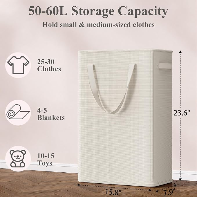 Optish 50L Slim Laundry Hamper, Baby Hamper for Nursery with Handles, Narrow Laundry Basket for Dorm, Bedroom, Living Room, Collapsible Laundry Basket, White - Image 3