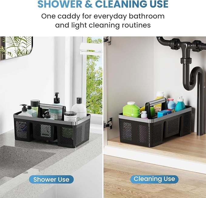 BYUNER Plastic Shower Caddy Dorm: Portable Cleaning & Shower Caddy with Handle, 4 Divided Compartments, All-Side Drainage, Rigid Plastic Basket Tote for College Dorm & Bathroom Use, Black/Silver - Image 2