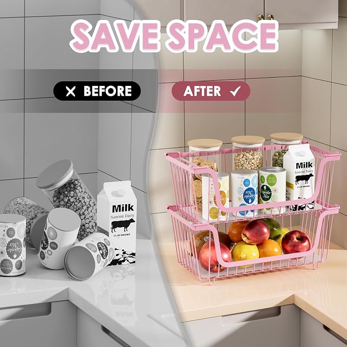 4 Pcs Stackable Wire Baskets for Pantry Organizers and Storage,pink, - Image 5