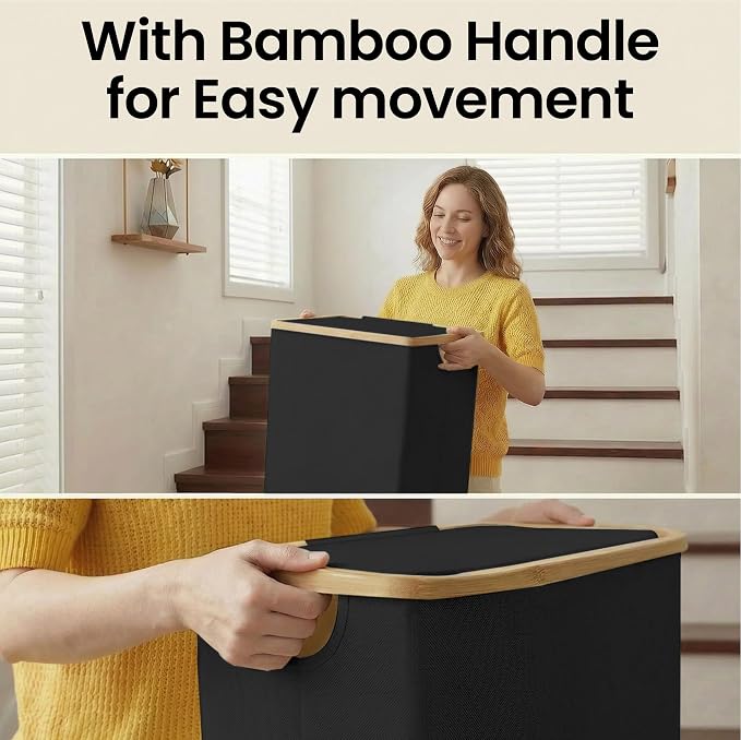 efluky Slim Laundry Basket with Lid, Narrow Laundry Hamper with Removable Bag, Skinny Dirty Clothes Basket with Bamboo Handles for Bathroom, Bedroom & Laundry Room, 90L Black - Image 4