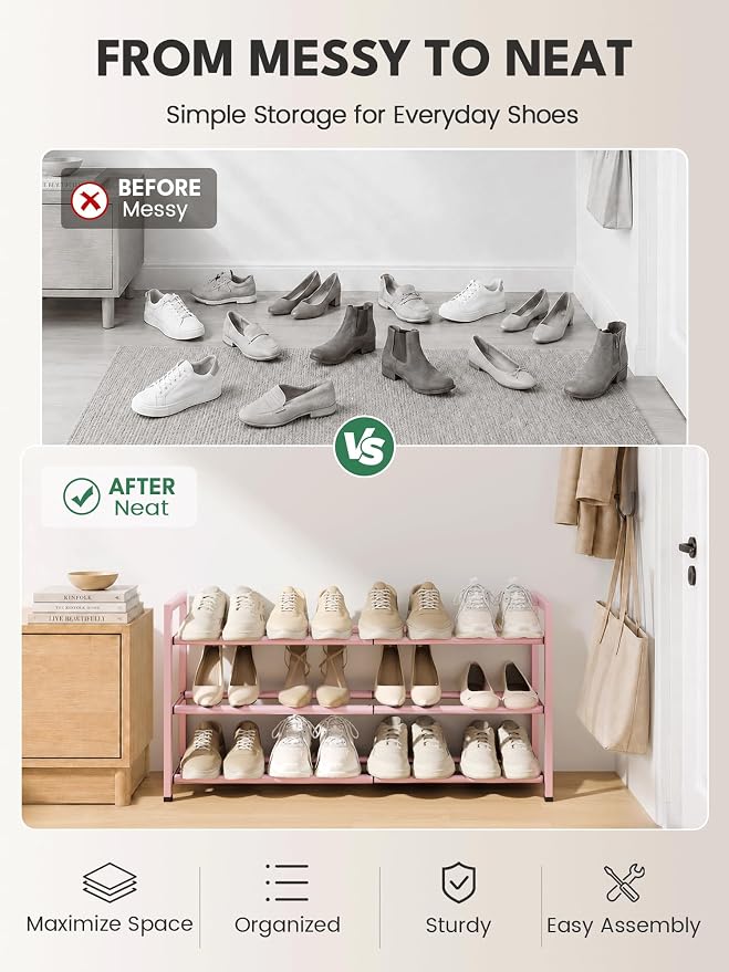 Bumusty 3 Tier Expandable Shoe Rack for Closet, Pink | 18"-33" Adjustable Shoe Rack for Entryway, Small Shoe Organizer for Dorm, Front Door, Sturdy Metal - Image 7