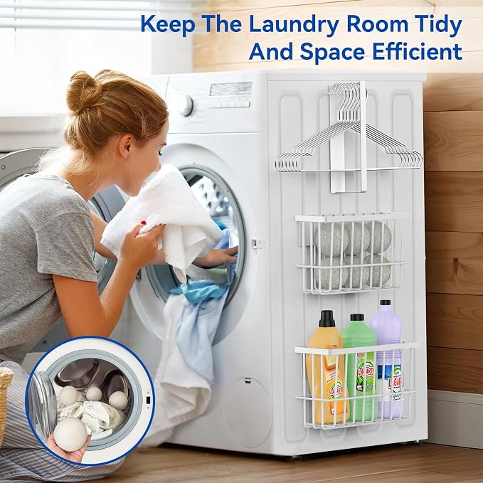 Laundry Room Organization and Storage Magnetic Dryer Ball Holder with Magnetic Hanger Holder, Magnetic Lint Bin for Washer Dryer, Iron Basket Dryer Ball Container, Magnetic Laundry Organizer (White) - Image 5